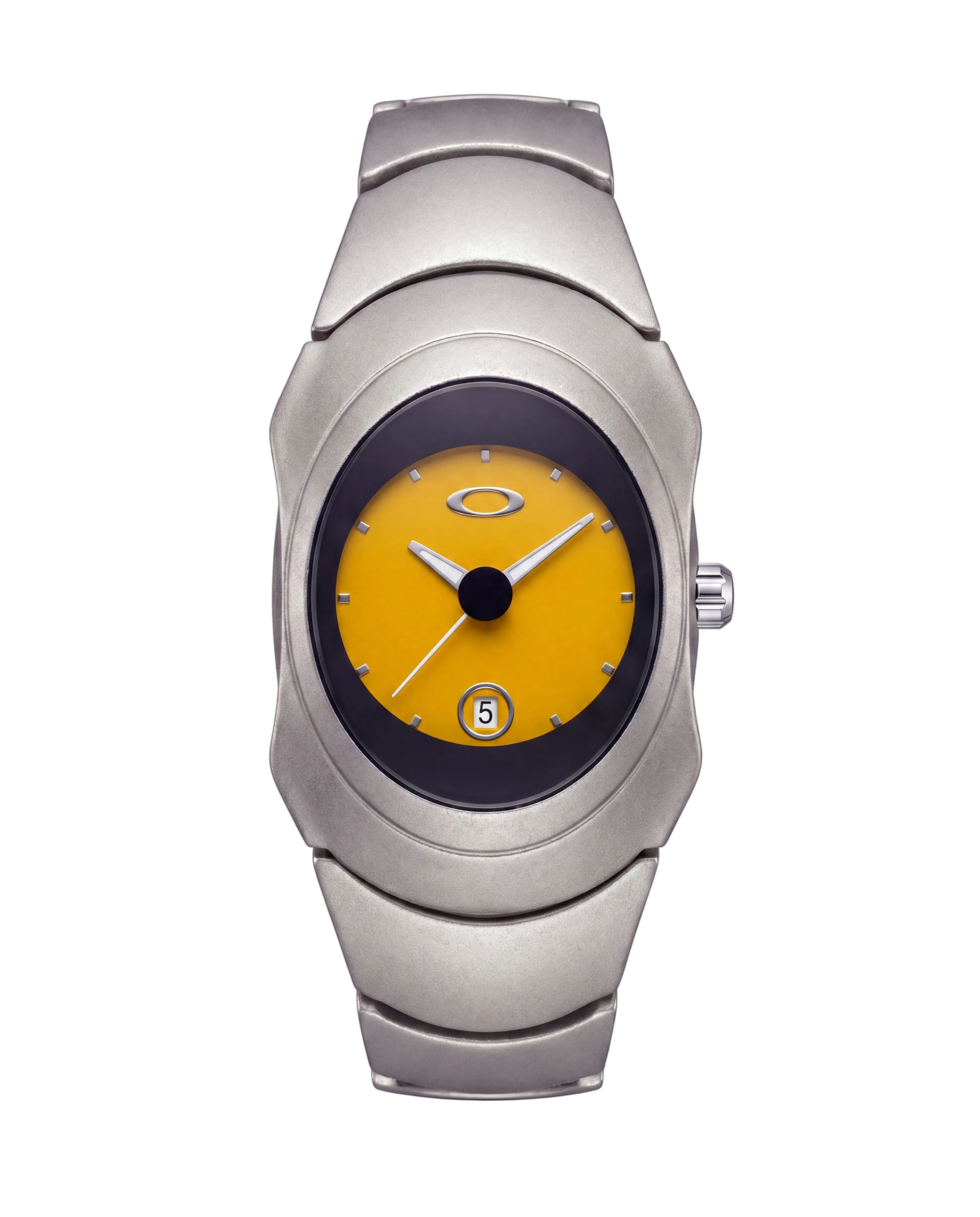 Aerostore Time Bomb in Matte Yellow — matte stainless steel Y2K watch with vibrant yellow Frutiger Aero dial, dark bezel and date window. Australian-made 2000s-inspired sculptural wristwatch in matte metal finish