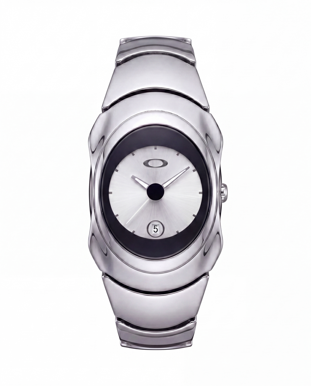 Aerostore Time Bomb watch in Glossy Ice White, chrome stainless steel Y2K wristwatch with dark bezel, silver dial and date window, Frutiger Aero, Chrome style sculptural 2000s-inspired design from Australian watch brand Aerostore