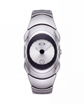 Aerostore Time Bomb watch in Glossy Ice White, chrome stainless steel Y2K wristwatch with dark bezel, silver dial and date window, Frutiger Aero, Chrome style sculptural 2000s-inspired design from Australian watch brand Aerostore