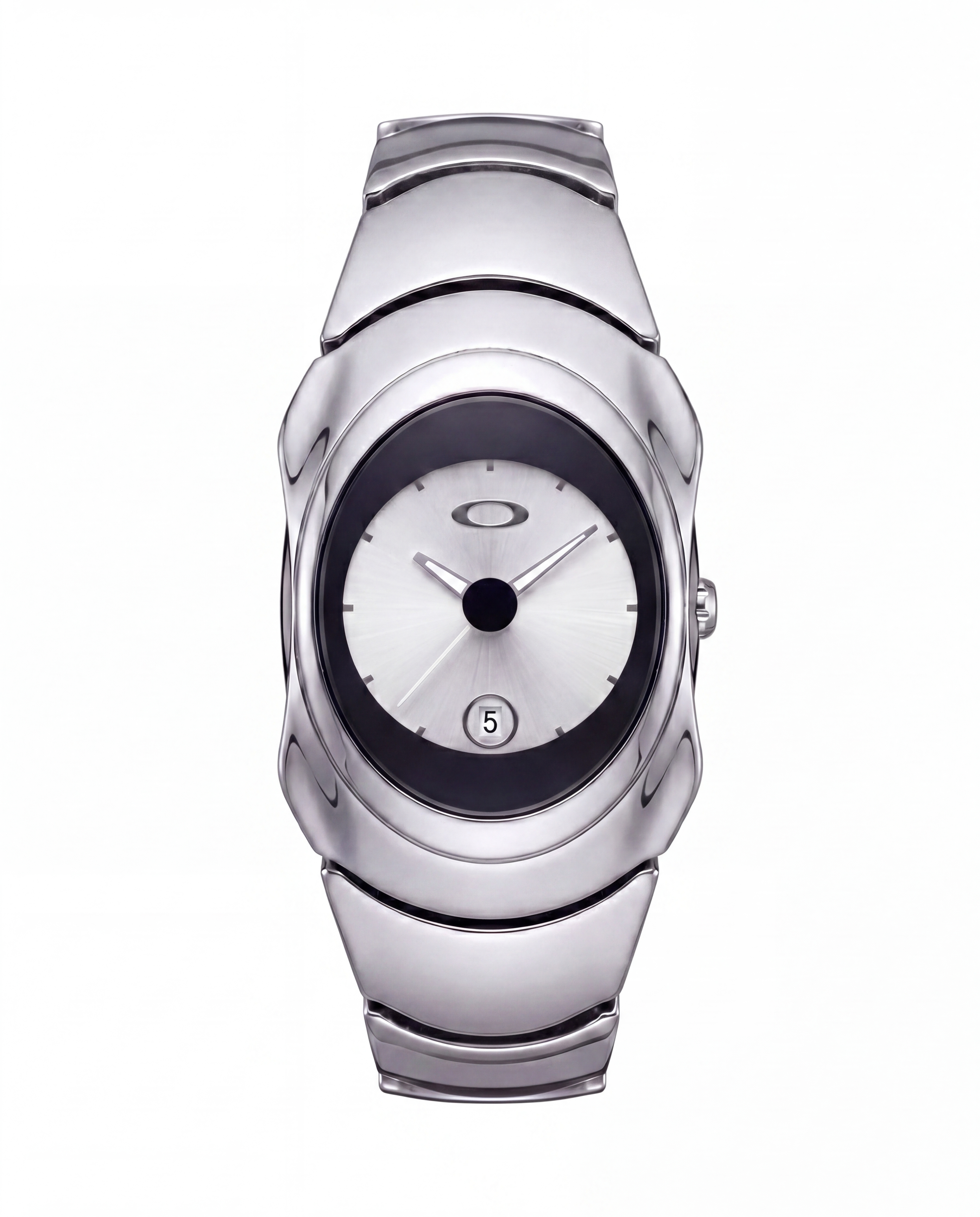 Aerostore Time Bomb watch in Glossy Ice White, chrome stainless steel Y2K wristwatch with dark bezel, silver dial and date window, Frutiger Aero, Chrome style sculptural 2000s-inspired design from Australian watch brand Aerostore