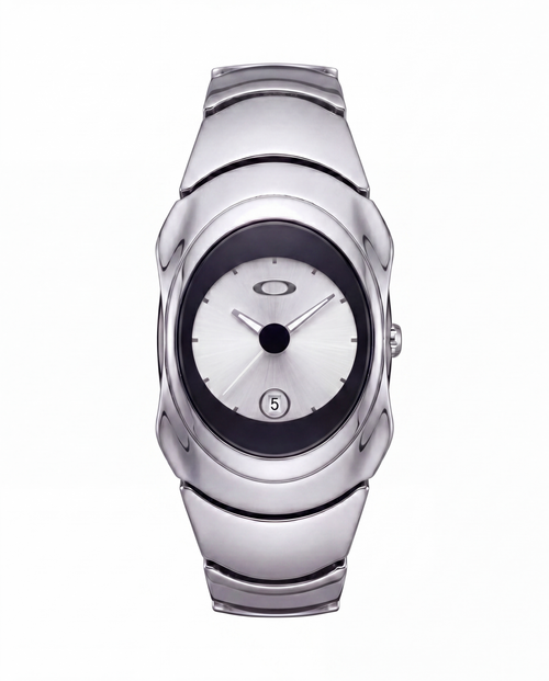 Aerostore Time Bomb watch in Glossy Ice White, chrome stainless steel Y2K wristwatch with dark bezel, silver dial and date window, Frutiger Aero, Chrome style sculptural 2000s-inspired design from Australian watch brand Aerostore