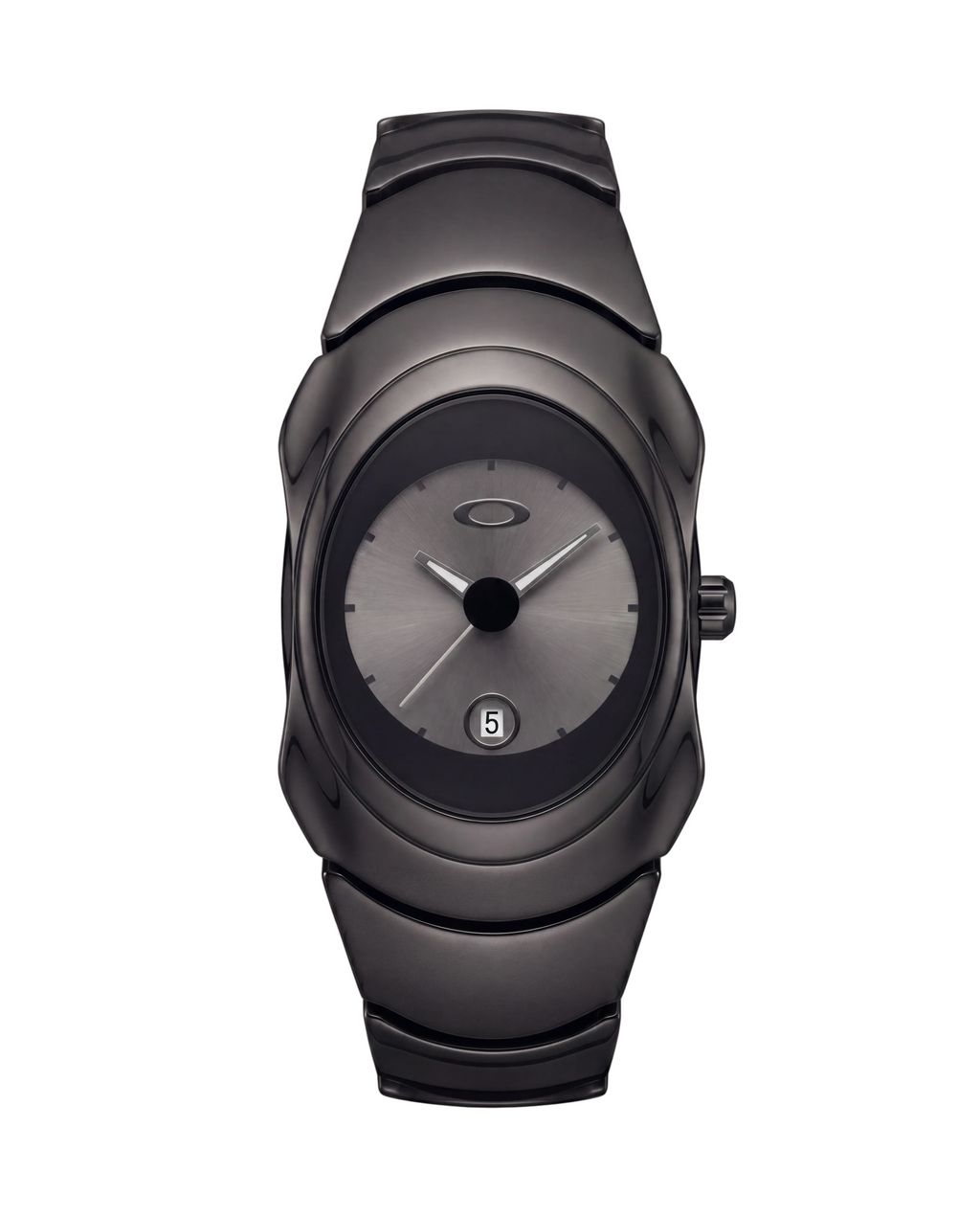 Aerostore Time Bomb watch in Midnight Black, sculptural Y2K wristwatch with curved stainless steel case and matte dark dial with date window — 2000s-inspired statement piece from Australian watch brand Aerostore
