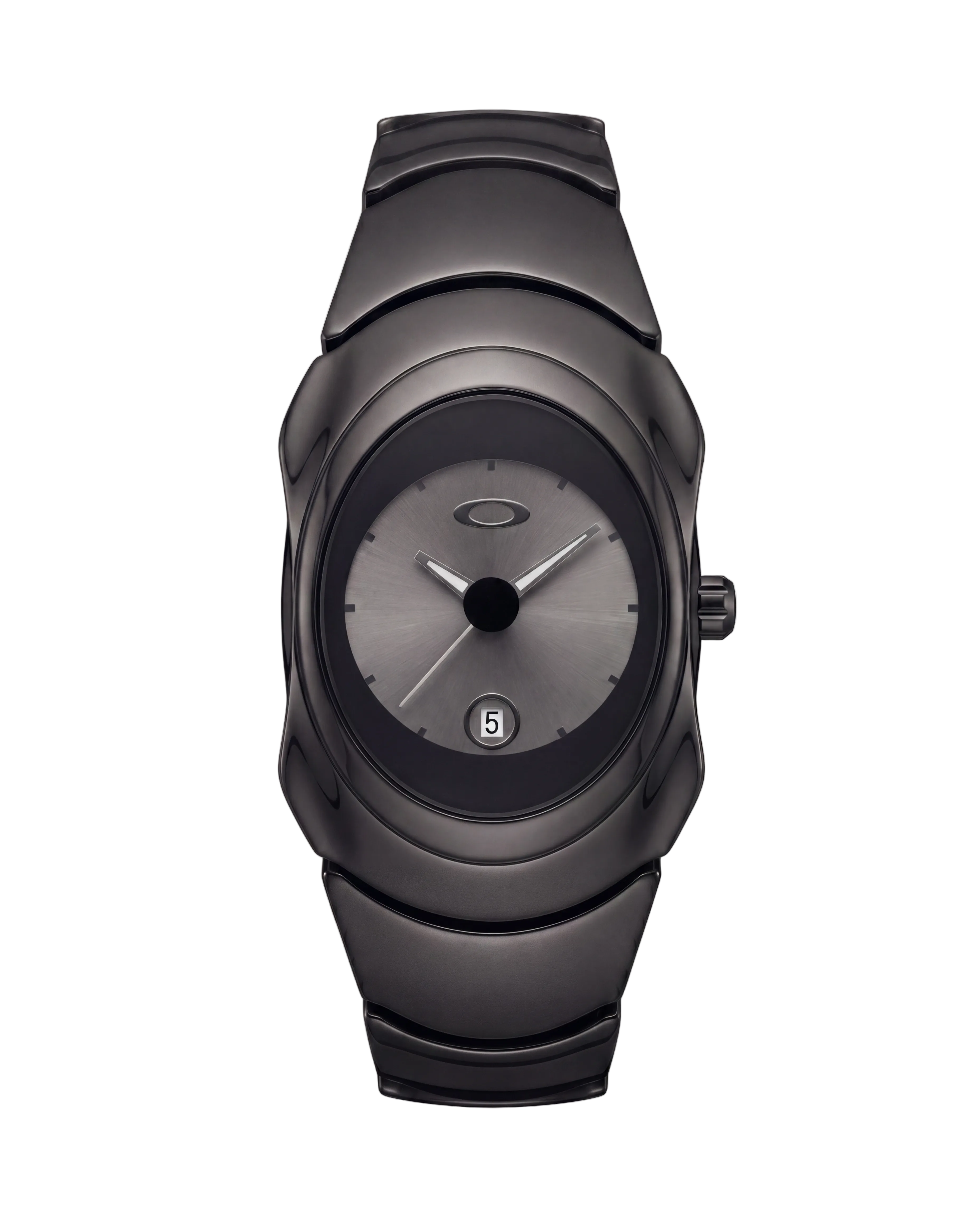 Aerostore Time Bomb watch in Midnight Black, sculptural Y2K wristwatch with curved stainless steel case and matte dark dial with date window — 2000s-inspired statement piece from Australian watch brand Aerostore