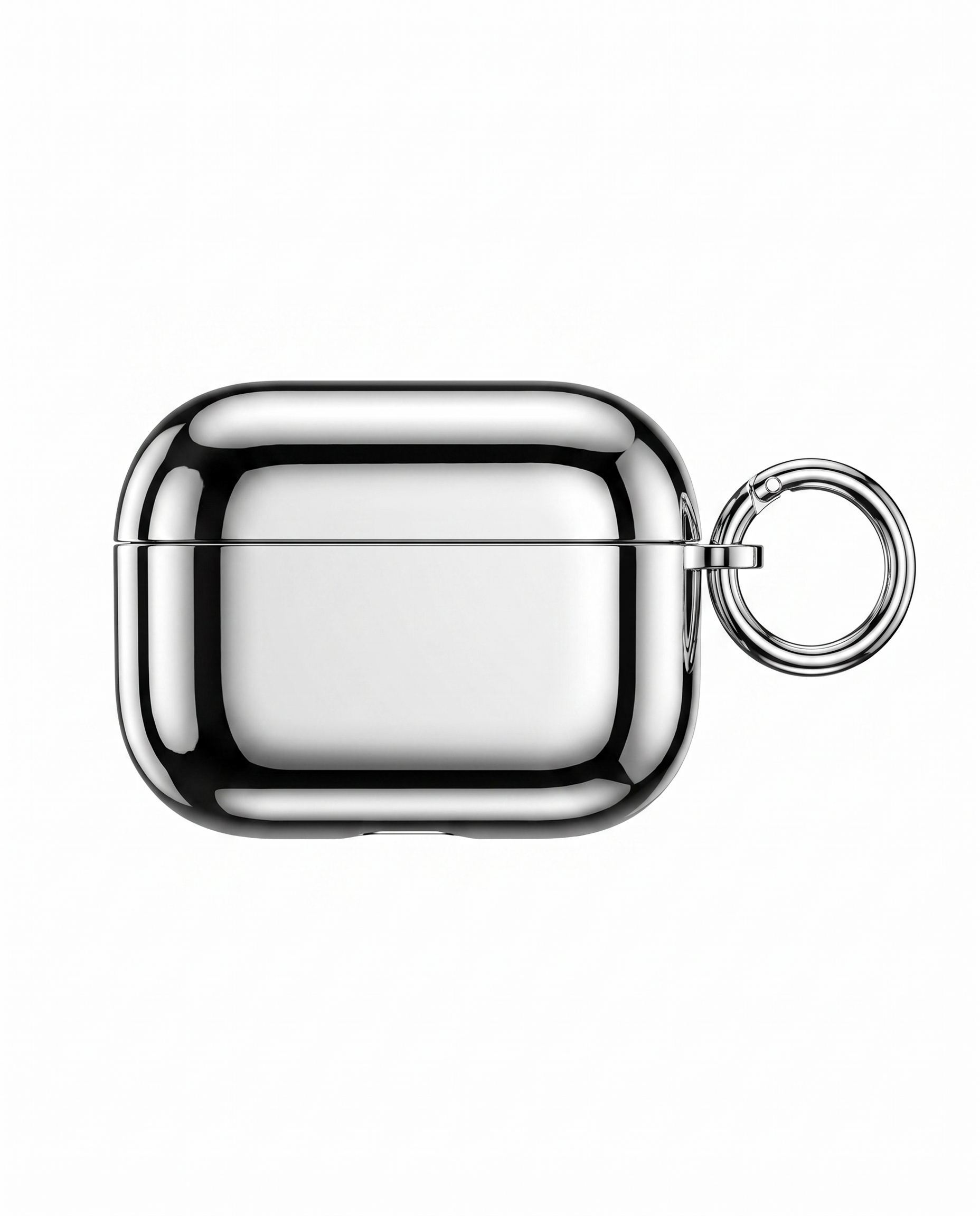 Silver metallic Airpods case with a keychain on a white background