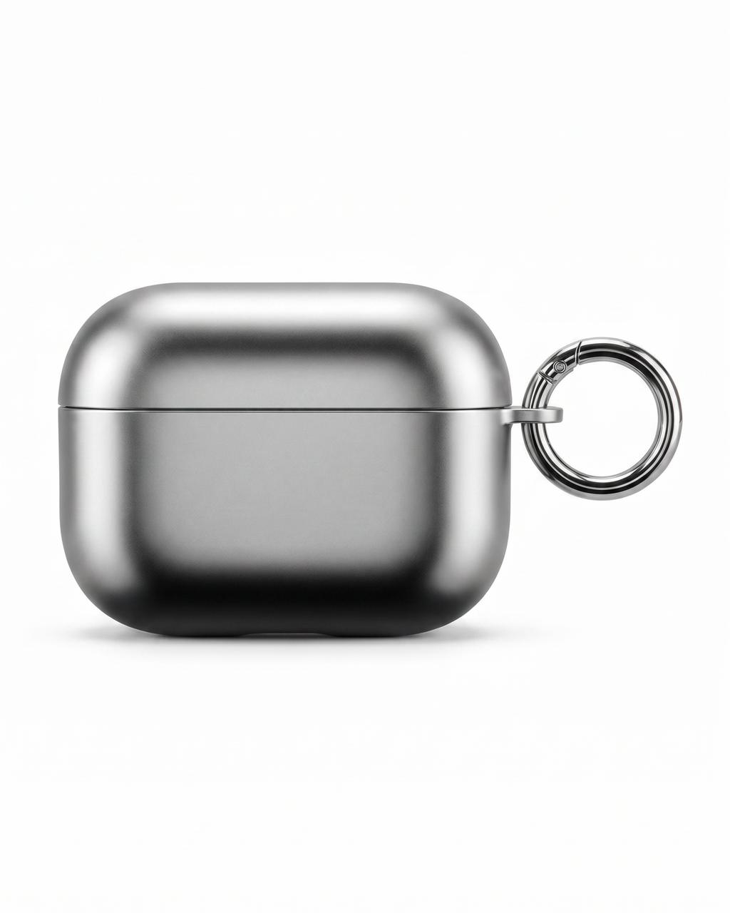 Metallic silver aipod case with a keychain on a white background