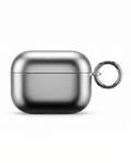 Metallic silver aipod case with a keychain on a white background