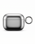 Metallic silver aipod case with a keychain on a white background