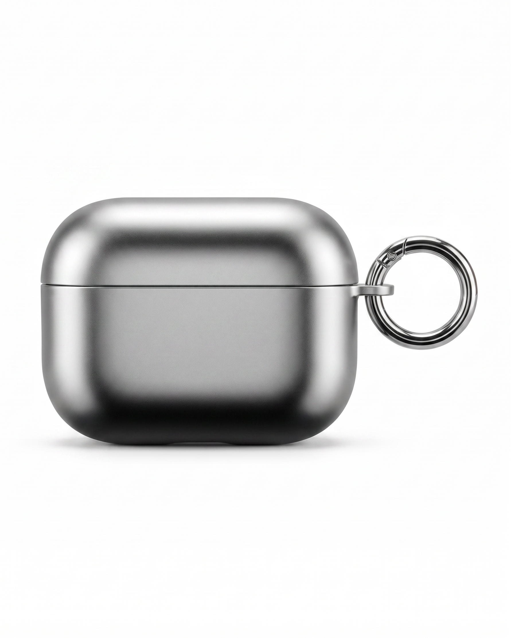Metallic silver aipod case with a keychain on a white background