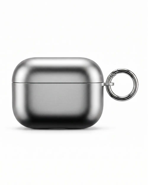 Metallic silver aipod case with a keychain on a white background
